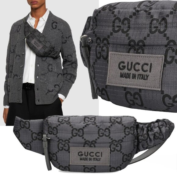 GUCCI BAG 767934 RIPSTOP BELT NYLON GG LOGO DEMETRA TRIM GRAY